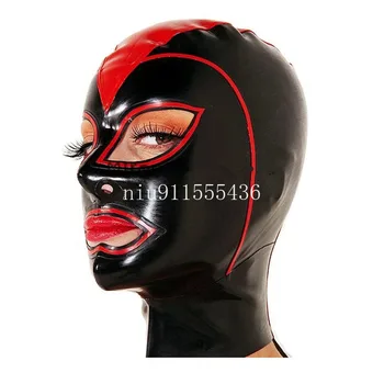 Черная фетишистская Латексная маска ручной работы с капюшоном, открытые глаза, губы с красной отделкой для мужчин и женщин