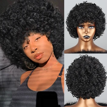 Черный афро кудрявый кудрявый парик Короткие синтетические волосы с челкой из термостойкого волокна Синтетический парик для женщин Африки и Америки Ежедневно