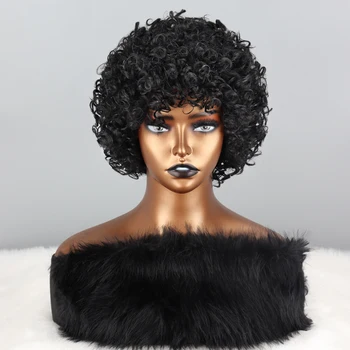 Черный афро кудрявый кудрявый парик Короткие синтетические волосы с челкой из термостойкого волокна Синтетический парик для женщин Африки и Америки Ежедневно Изображение 2